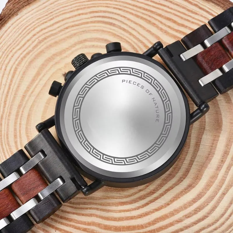 Montre Homme Chronographe en Bois et Acier, Mouvement Quartz Multifonction