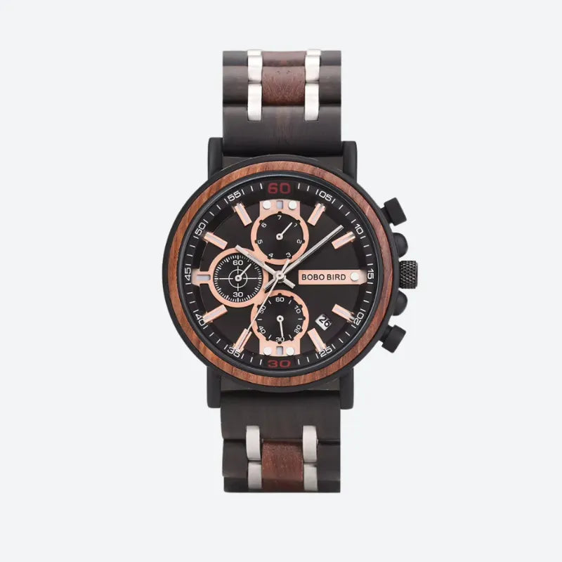 Montre Homme Chronographe en Bois et Acier, Mouvement Quartz Multifonction