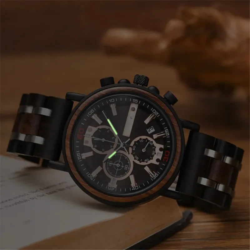 Montre Homme Chronographe en Bois et Acier, Mouvement Quartz Multifonction
