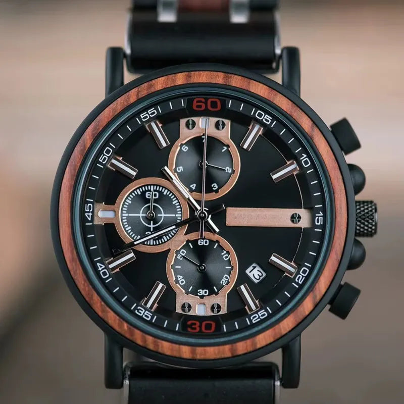 Montre Homme Chronographe en Bois et Acier, Mouvement Quartz Multifonction Image
