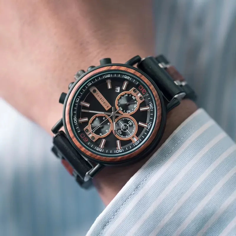 Montre Homme Chronographe en Bois et Acier, Mouvement Quartz Multifonction