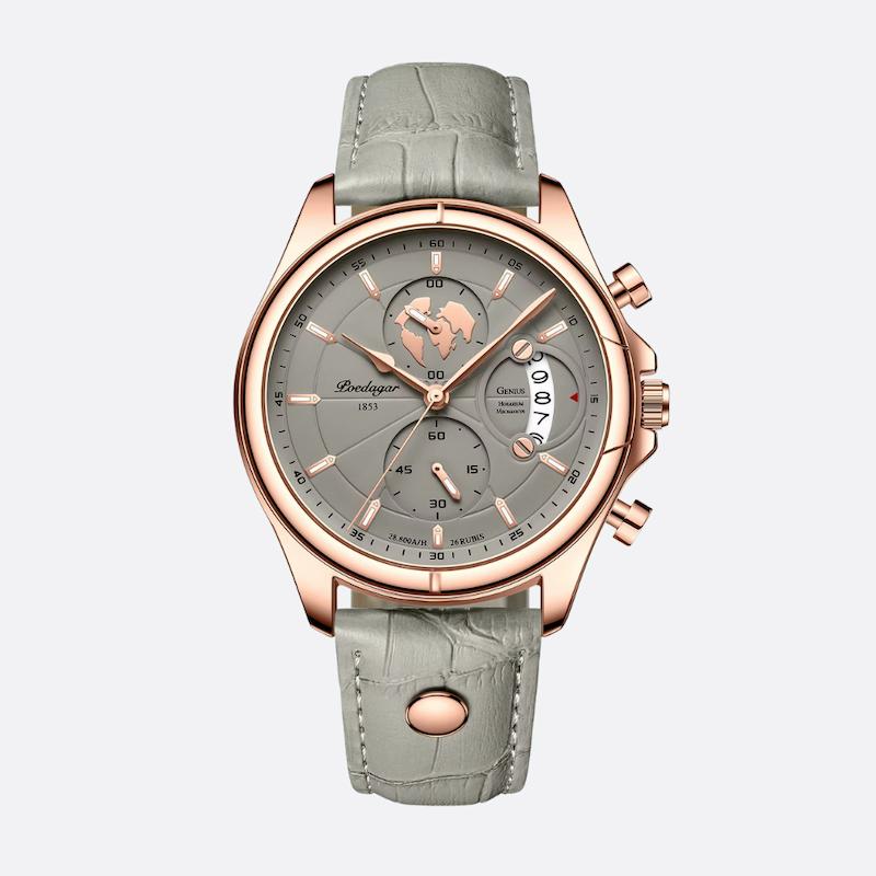 Montre Homme Quartz Ronde, Cuir Gris Date Lumineuse