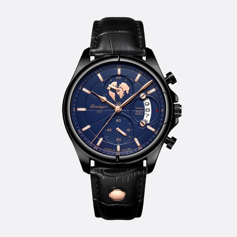 Montre Homme Quartz Ronde, Cuir Gris Date Lumineuse