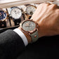 Montre Homme Quartz Ronde, Cuir Gris Date Lumineuse
