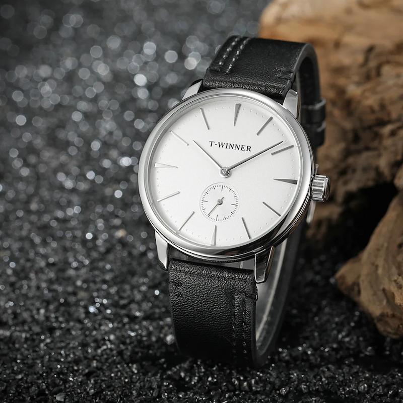 Montre Mécanique Homme Bracelet Cuir, Remontage Manuel Image