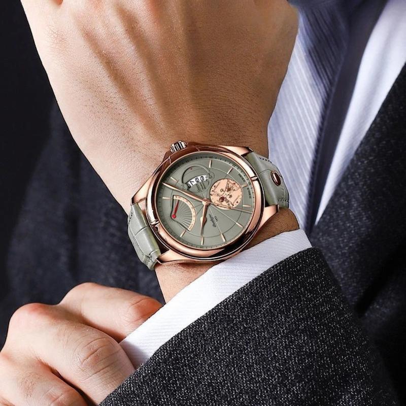 Montre Ronde Homme Cuir Quartz Date Élégante