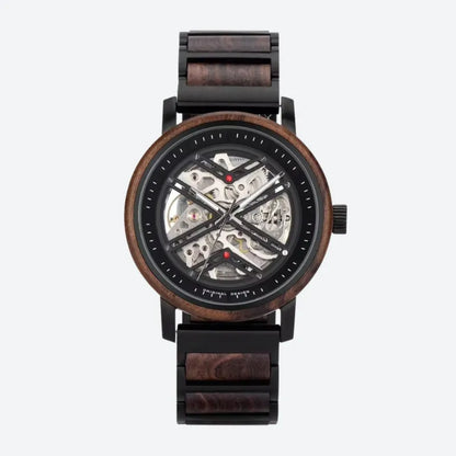 Montre Squelette Homme Acier et Bois, Mouvement Mécanique