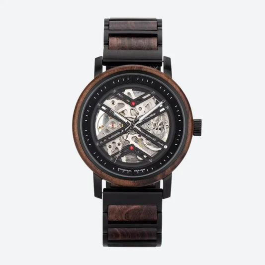 Montre Squelette Homme Acier et Bois, Mouvement Mécanique