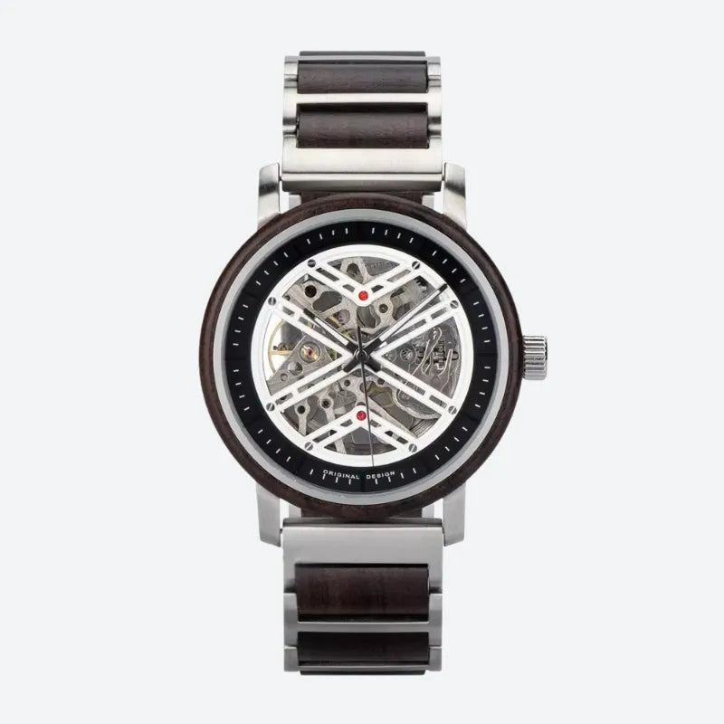 Montre Squelette Homme Acier et Bois, Mouvement Mécanique