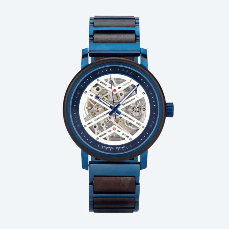 Montre Squelette Homme Acier et Bois, Mouvement Mécanique