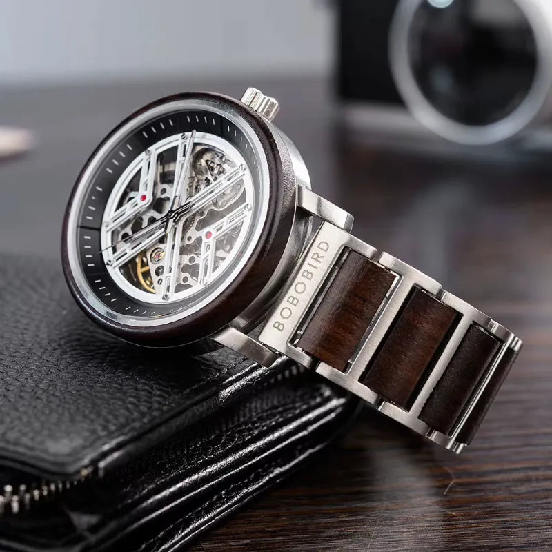 Montre Squelette Homme Acier et Bois, Mouvement Mécanique