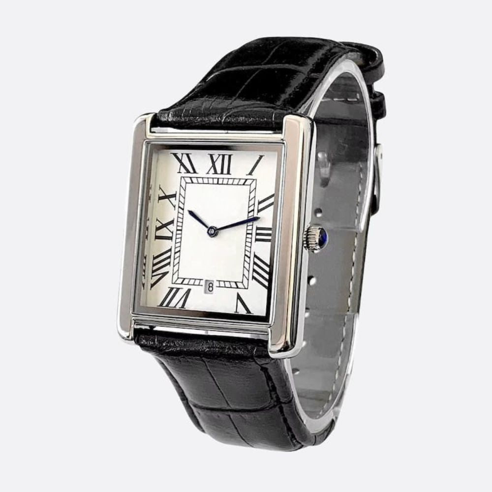 Montre Vintage Homme Carrée Ultra-Fine Quartz, avec Bracelet Cuir