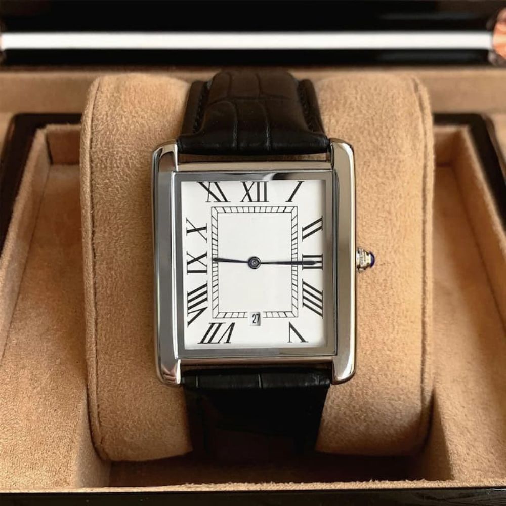 Montre Vintage Homme Carrée Ultra-Fine Quartz, avec Bracelet Cuir