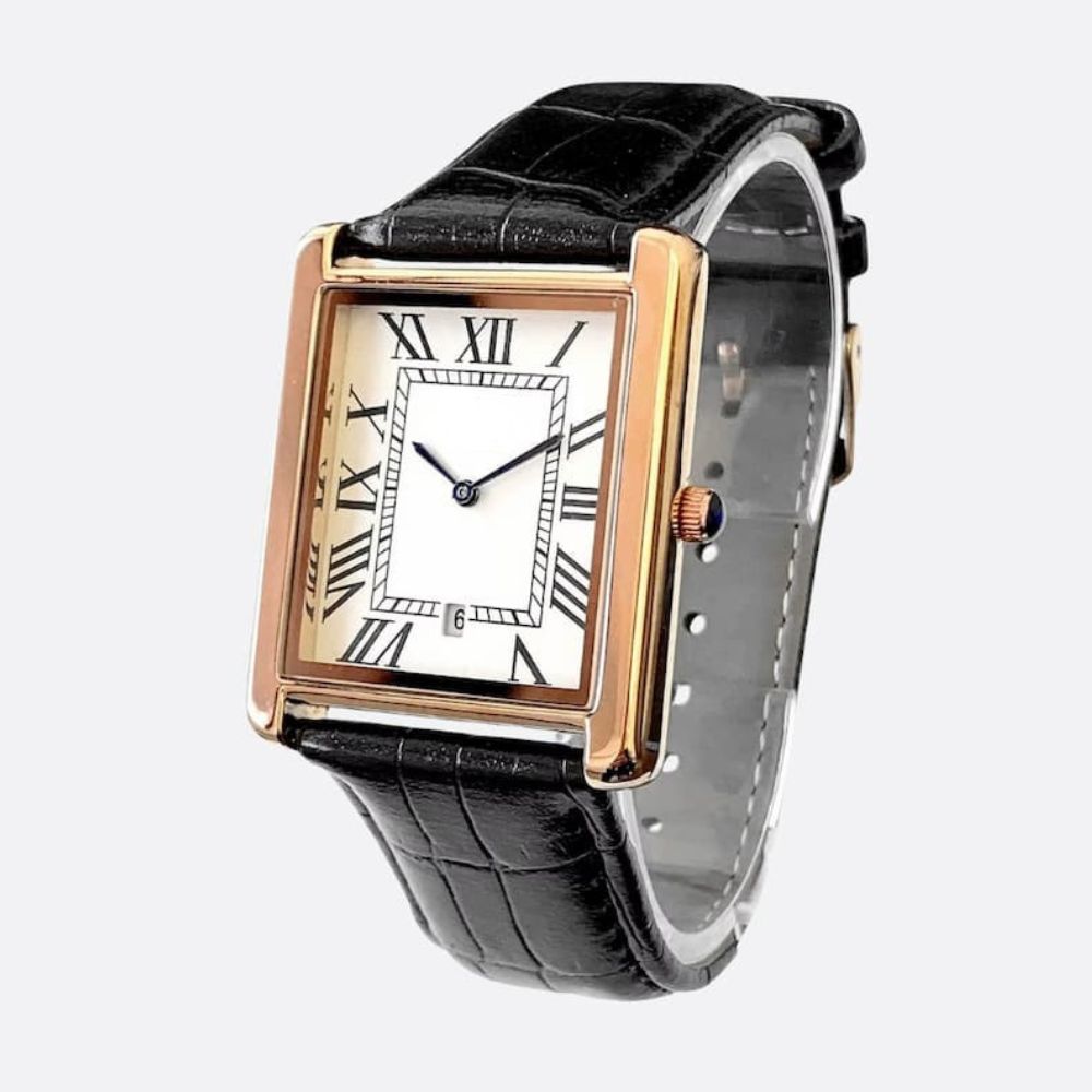 Montre Vintage Homme Carrée Ultra-Fine Quartz, avec Bracelet Cuir