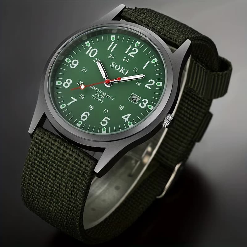 Montre Vintage Militaire Homme Quartz, Bracelet Nylon