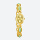 Montre Vintage Ovale pour Femme, boîtier doré avec cadran doré, bracelet décoré de maillons ovales dorés et verts, style élégant et intemporel.