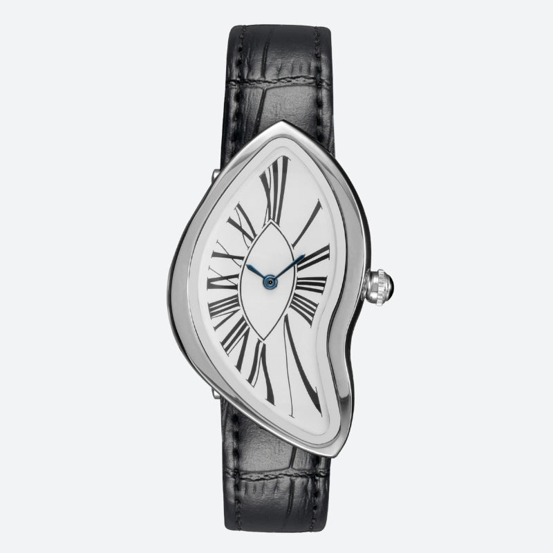 Montre Vintage pour Femme de forme Irrégulière Argentée, cadran blanc à chiffres romains et bracelet noir en cuir, design artistique et unique
