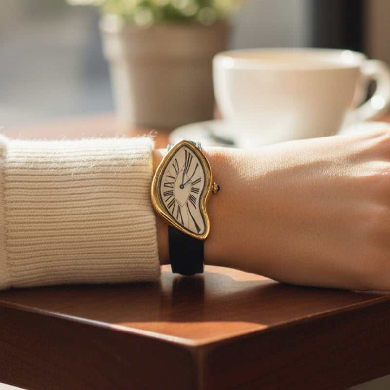 Montre Vintage pour Femme de forme irrégulière argentée portée au poignet lors d’un café, cadran à chiffres romains et bracelet noir élégant.
