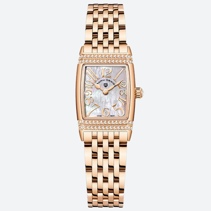 Montre Vintage pour Femme de forme rectangulaire argent et nacre, cadran en nacre avec chiffres arabes dorés et boîtier or rose orné de strass.