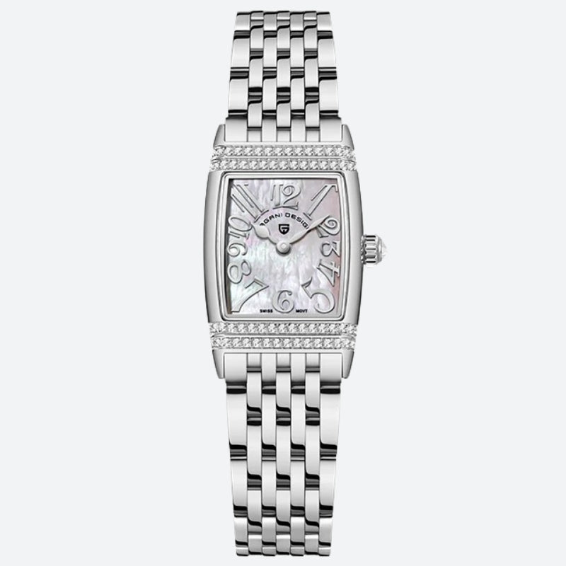Montre Vintage pour Femme de forme rectangulaire argentée avec cadran nacré et bracelet en acier inoxydable poli.