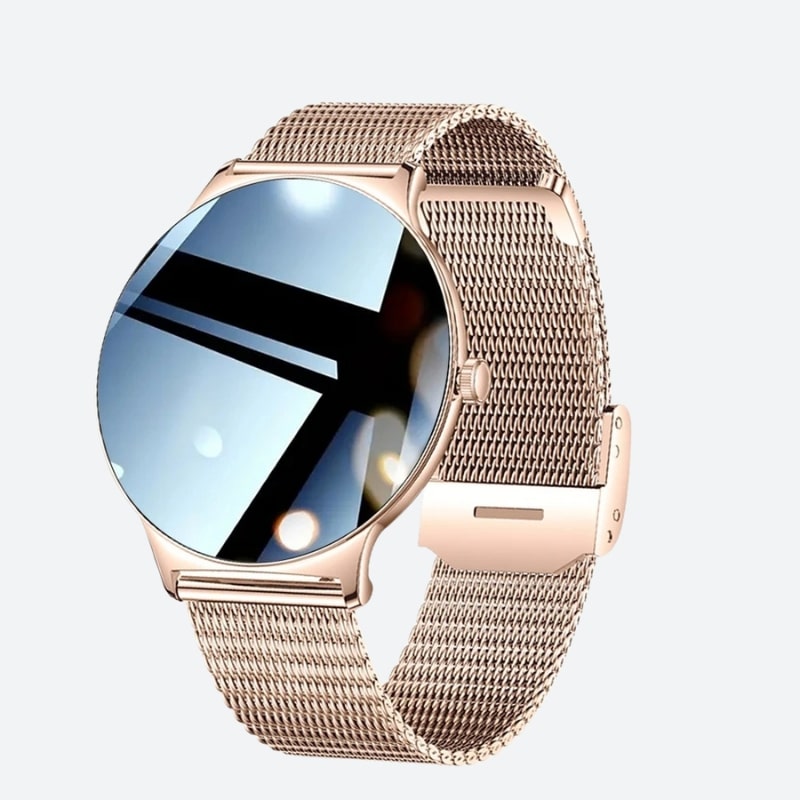 Montre Chronographe Femme Maille Rose et Écran AMOLED sur fond gris