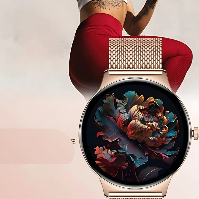 Montre Chronographe Femme Maille Rose et Écran AMOLED avec une femme qui fait du sport