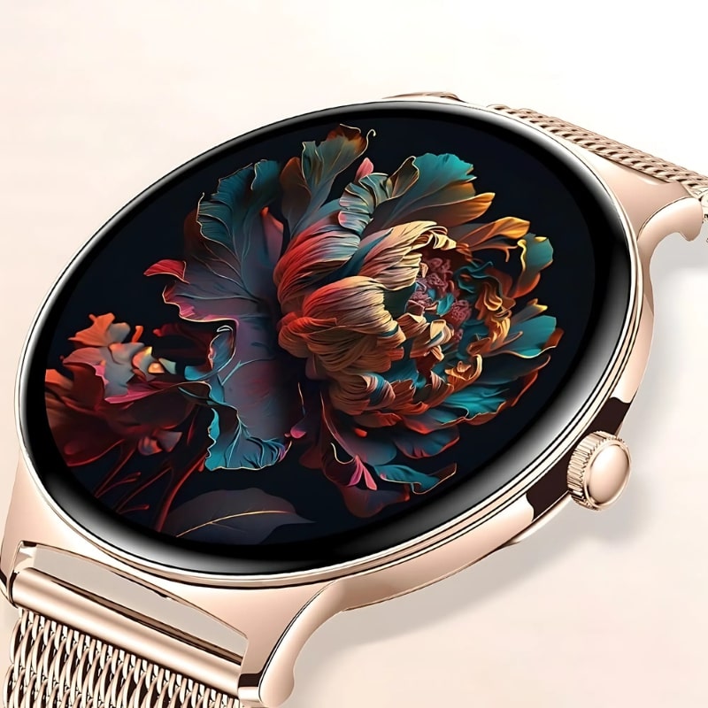 Montre Chronographe Femme Maille Rose et Écran AMOLED zoom sur l'écran