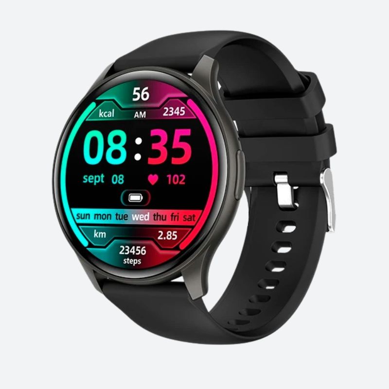 Montre Connectée Femme Écran AMOLED et Bracelet Silicone noire sur fond gris