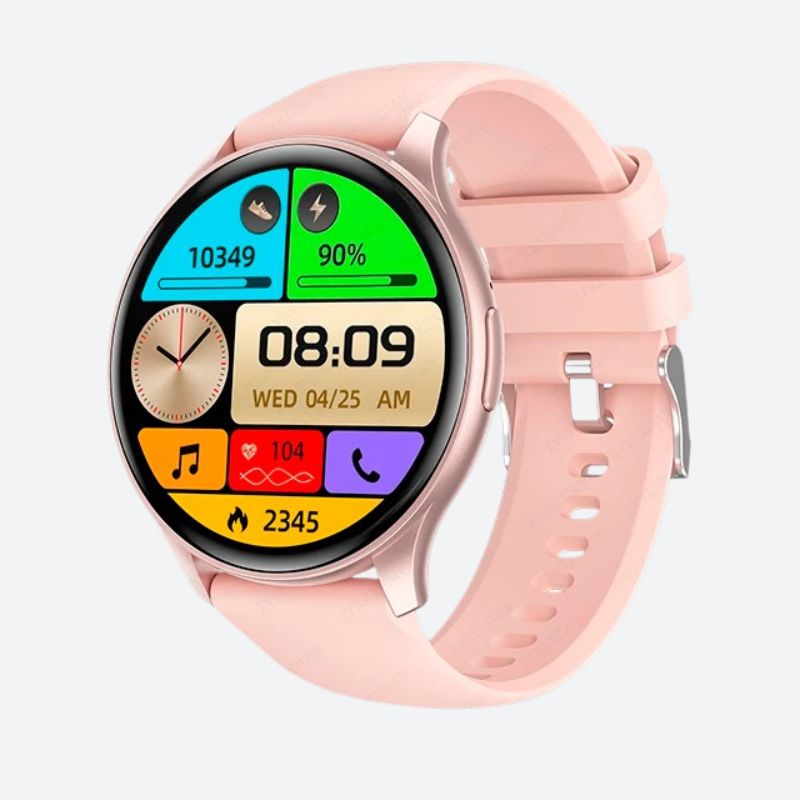 Montre Connectée Femme Écran AMOLED et Bracelet Silicone rose sur fond gris