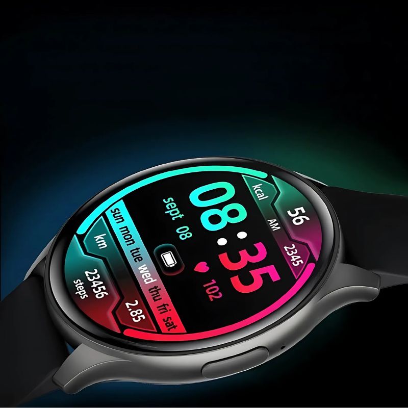 Montre Connectée Femme Écran AMOLED et Bracelet Silicone en noire sur fond décoratif