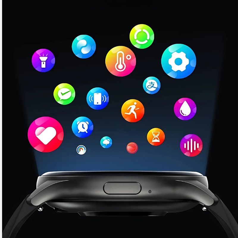 Montre Connectée Femme Écran AMOLED et Bracelet Silicone illustration de toutes les fonctionnalités