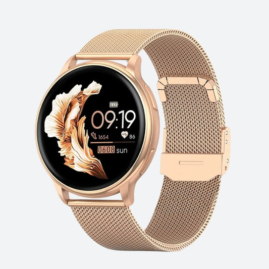 Montre Connectée Femme Maille Milanaise Couleur Or Rose sur fond gris