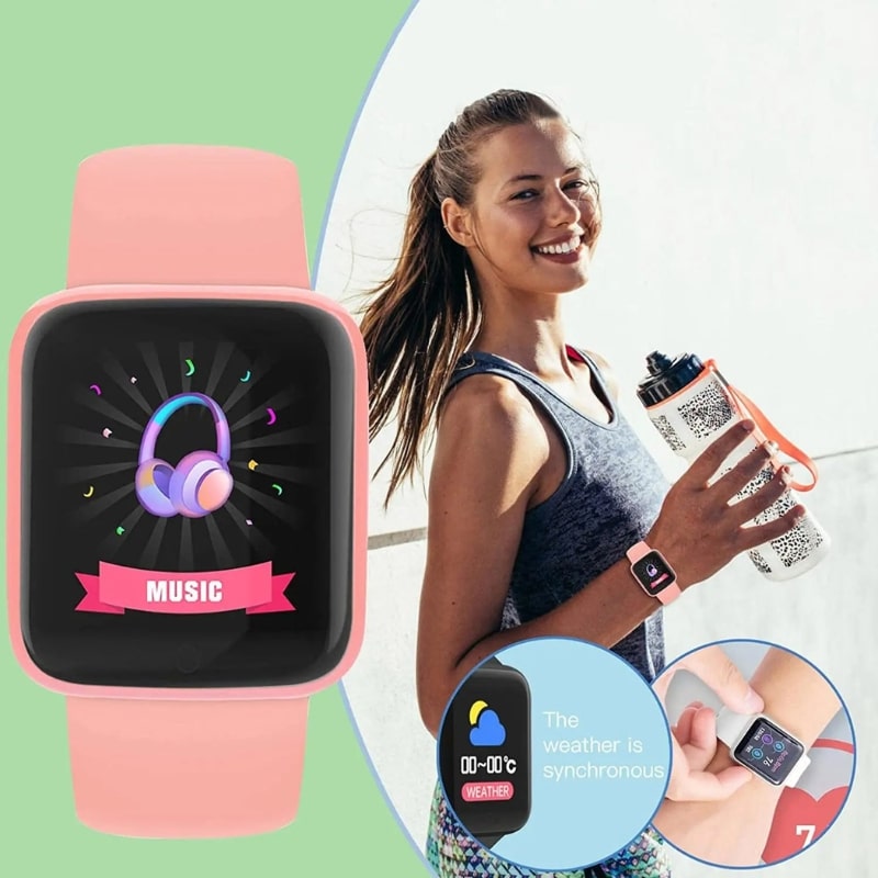 Montre connectée femme rose boîtier lisse 1,3” Bluetooth & suivi santé rose portée à la main d'une femme sportive