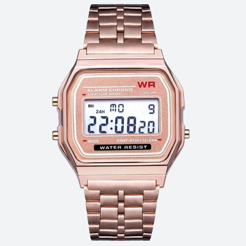 Montre Digitale Femme au Bracelet Métal Finition Brillante couleur or rose sur fond gris