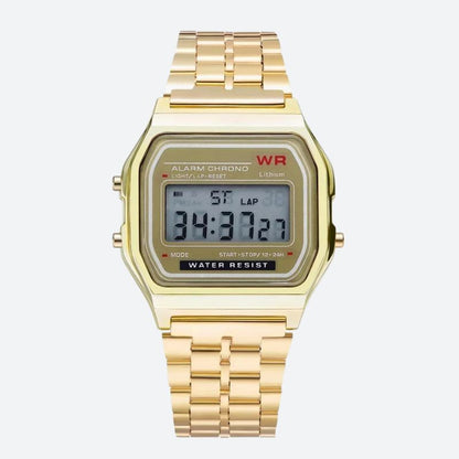 Montre Digitale Femme au Bracelet Métal Finition Brillante couleur or sur fond gris