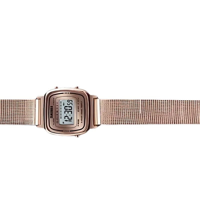 Montre Digitale Femme au Cadran Carré Métallisé couleur or rose sur fond transparent