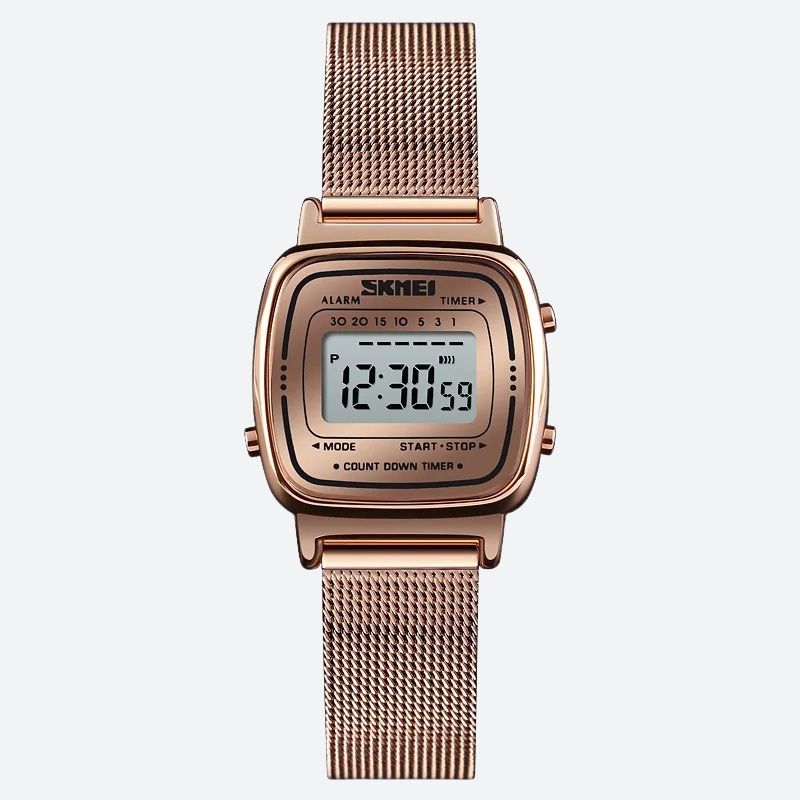 Montre Digitale Femme au Cadran Carré Métallisé couleur or rose sur fond gris