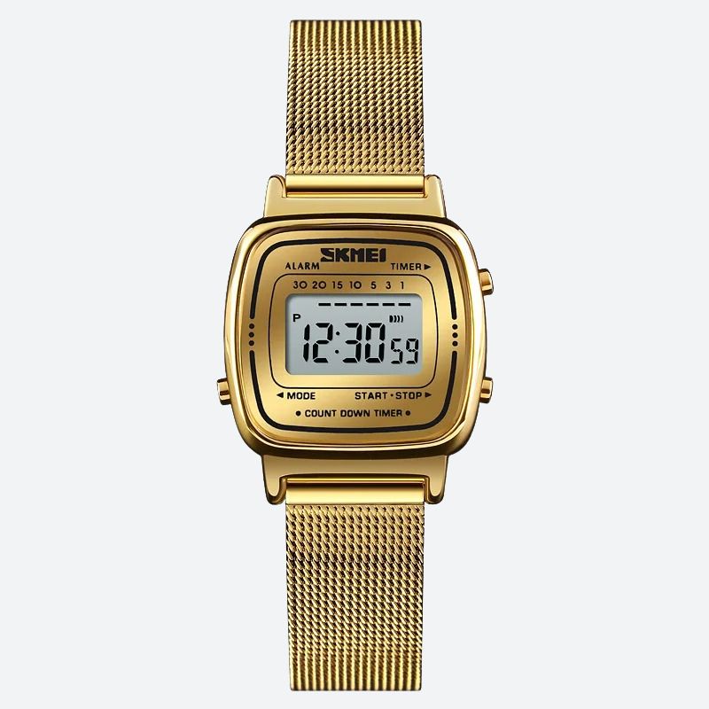 Montre Digitale Femme au Cadran Carré Métallisé couleur or sur fond gris