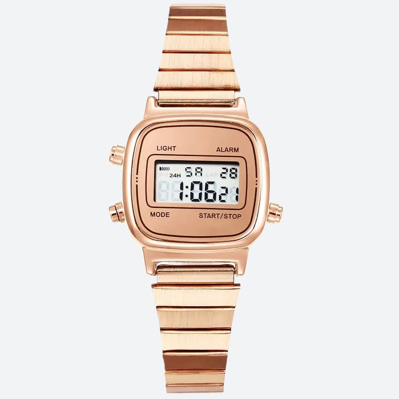 Montre Digitale Femme au Design Carré Rétro couleur or rose sur fond gris