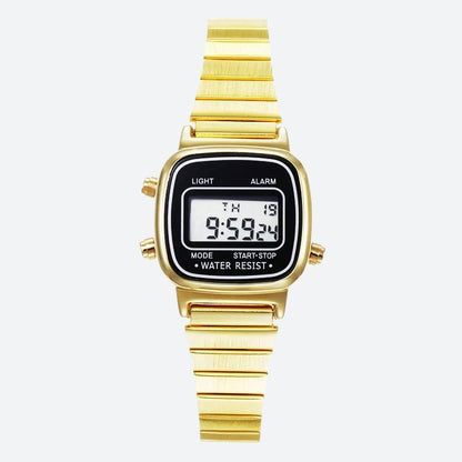 Montre Digitale Femme au Design Carré Rétro couleur or sur fond gris