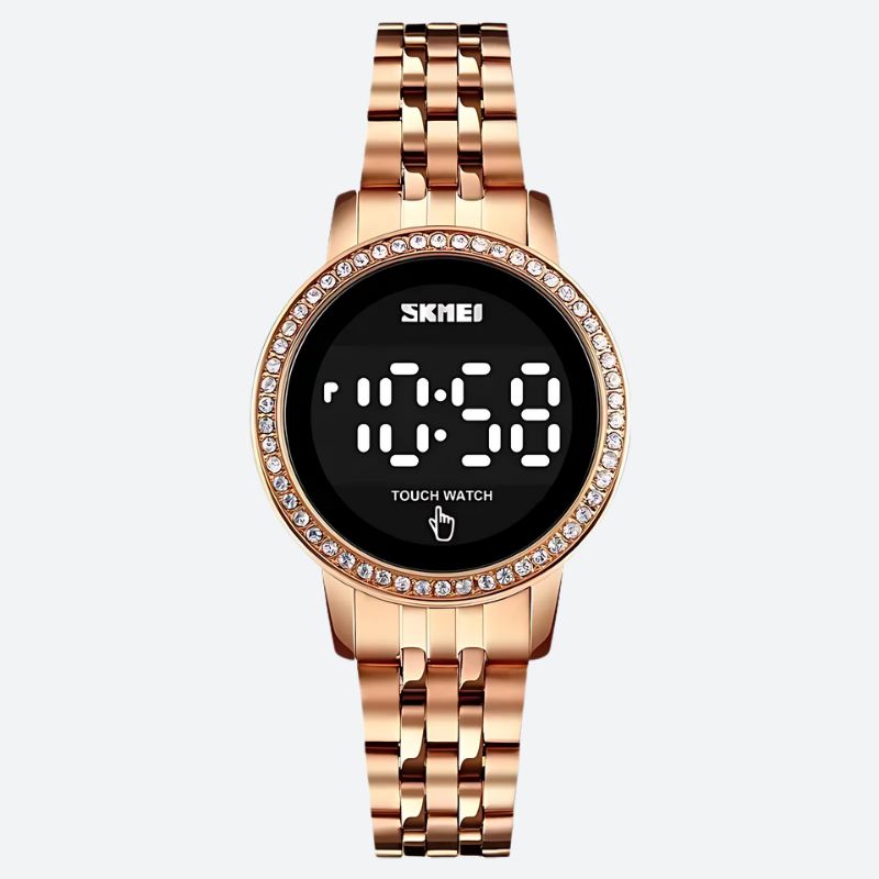 Montre Digitale Femme au Style Rétro-Chic Métallisé couleur or rose sur fond gris