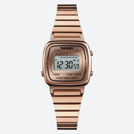 Montre Digitale Femme Design Or Rose et Lecture Instantanée sur fond gris