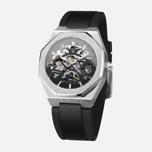 Montre mécanique squelette homme octogonale en acier inoxydable