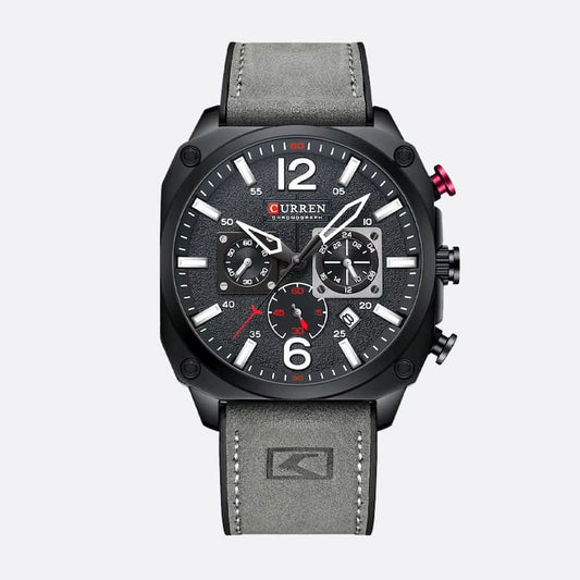 Montre militaire chronographe homme 44 mm cadran bleu, bracelet cuir