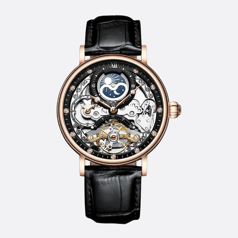 Montre squelette homme avec tourbillon et phase de lune