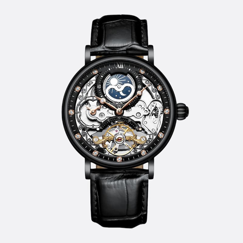 Montre squelette homme avec tourbillon et phase de lune