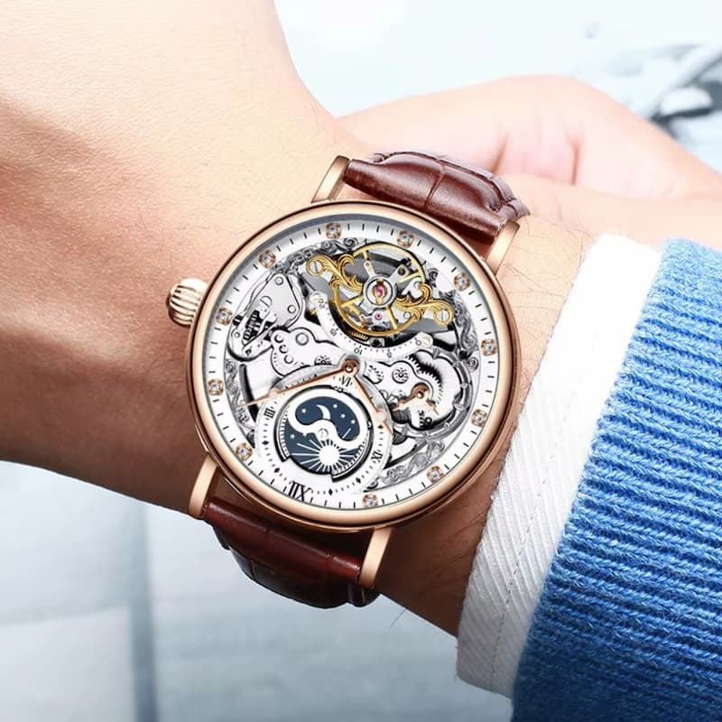 Montre squelette homme avec tourbillon et phase de lune
