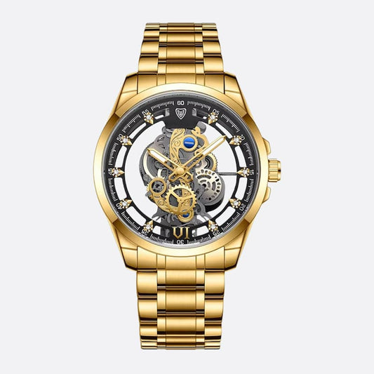 Montre squelette homme en acier doré, Quartz lumineux