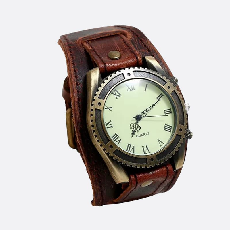 Montre vintage bracelet cuir homme, Quartz rétro avec cadran romain