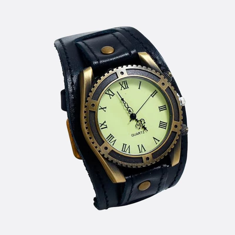 Montre vintage bracelet cuir homme, Quartz rétro avec cadran romain